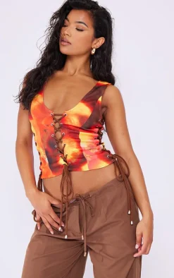 PrettyLittleThing Sleeveless Tops*Tie Dye Print Woven Lace Up Detail Plunge Sleeveless Top