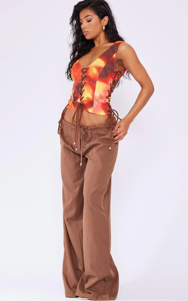 PrettyLittleThing Sleeveless Tops*Tie Dye Print Woven Lace Up Detail Plunge Sleeveless Top