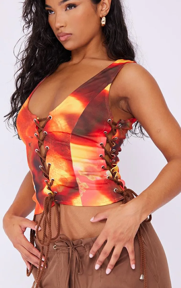 PrettyLittleThing Sleeveless Tops*Tie Dye Print Woven Lace Up Detail Plunge Sleeveless Top