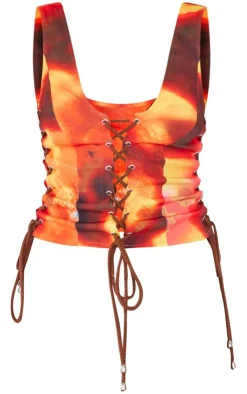 PrettyLittleThing Sleeveless Tops*Tie Dye Print Woven Lace Up Detail Plunge Sleeveless Top