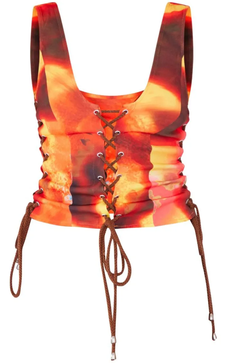 PrettyLittleThing Sleeveless Tops*Tie Dye Print Woven Lace Up Detail Plunge Sleeveless Top