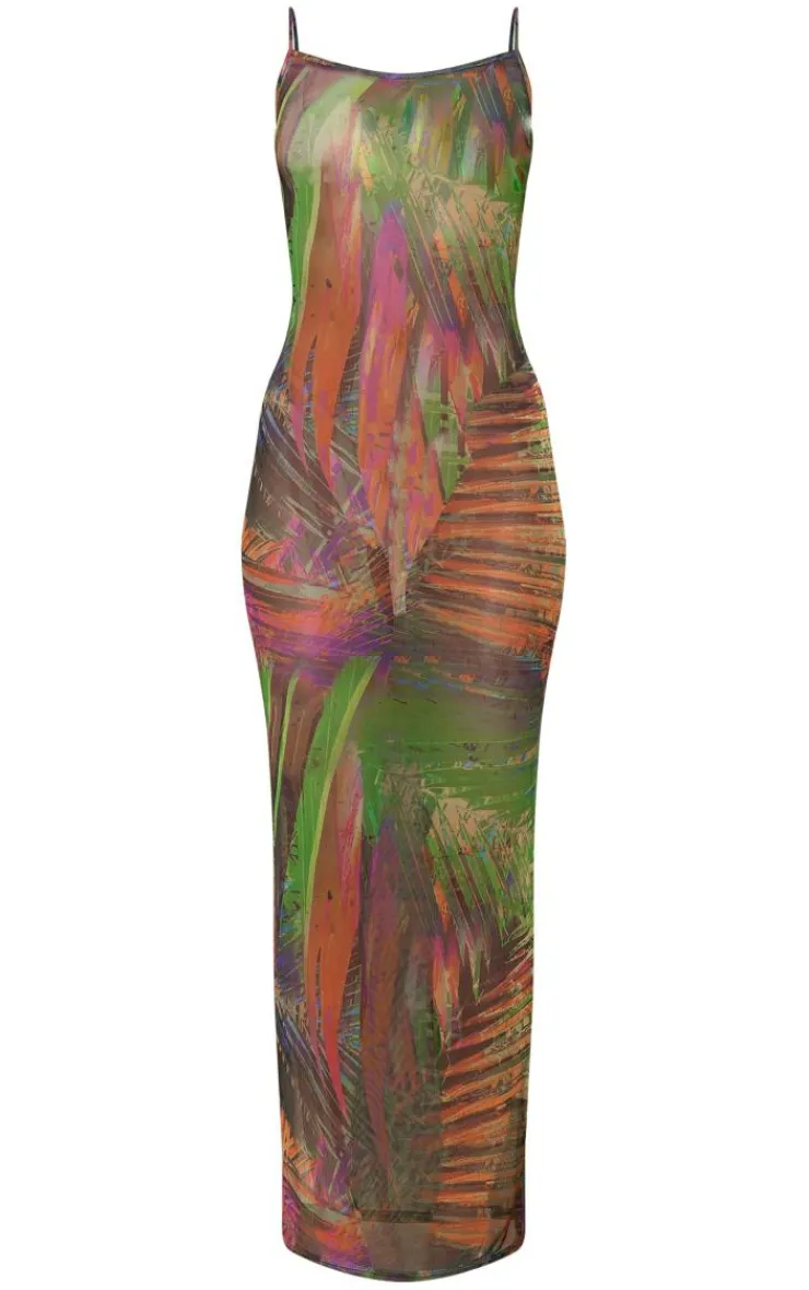 Tropical Print Mesh Strappy Midaxi Dress-PrettyLittleThing Sale