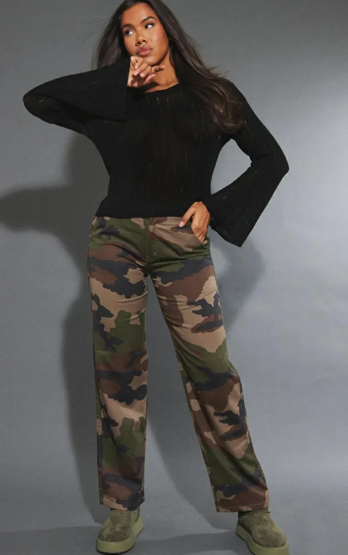 Multi Washed Camo Print Low Rise Ripstop Straight Leg Cargo's