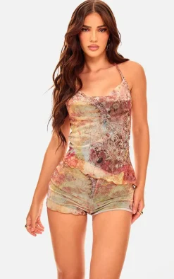 Outlet PrettyLittleThing Washed Paisley Printed Mesh Cowl Neck Top Multi