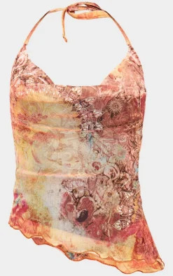 Outlet PrettyLittleThing Washed Paisley Printed Mesh Cowl Neck Top Multi