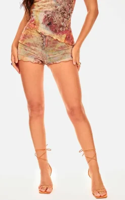 Outlet PrettyLittleThing Washed Paisley Printed Mesh Hot Pants Multi