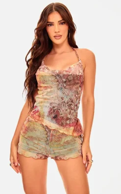 Outlet PrettyLittleThing Washed Paisley Printed Mesh Hot Pants Multi