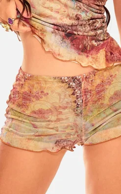 Outlet PrettyLittleThing Washed Paisley Printed Mesh Hot Pants Multi