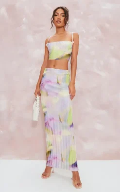Online PrettyLittleThing Watercolour Print Plisse Maxi Skirt Multi