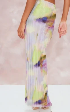 Online PrettyLittleThing Watercolour Print Plisse Maxi Skirt Multi