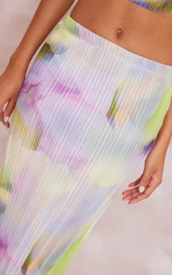 Online PrettyLittleThing Watercolour Print Plisse Maxi Skirt Multi