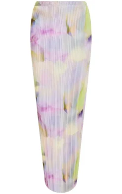 Online PrettyLittleThing Watercolour Print Plisse Maxi Skirt Multi