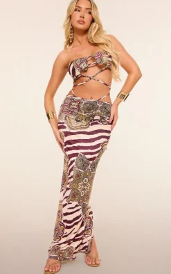 PrettyLittleThing Multi Zebra Paisley Print Slinky Tie Maxi Skirt Brown
