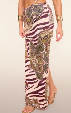 PrettyLittleThing Multi Zebra Paisley Print Slinky Tie Maxi Skirt Brown