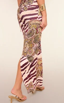 PrettyLittleThing Multi Zebra Paisley Print Slinky Tie Maxi Skirt Brown
