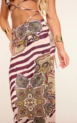 PrettyLittleThing Multi Zebra Paisley Print Slinky Tie Maxi Skirt Brown