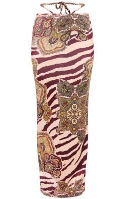 PrettyLittleThing Multi Zebra Paisley Print Slinky Tie Maxi Skirt Brown
