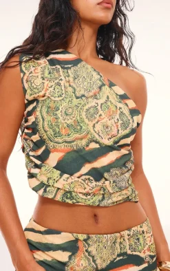 Clearance PrettyLittleThing Multi Zebra Print Chiffon One Shoulder Top Green