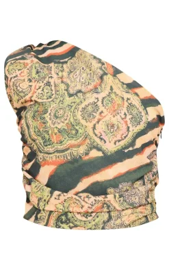 Clearance PrettyLittleThing Multi Zebra Print Chiffon One Shoulder Top Green