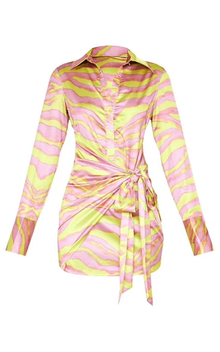 Zebra Print Satin Tie Detail Shirt Dress-PrettyLittleThing Hot