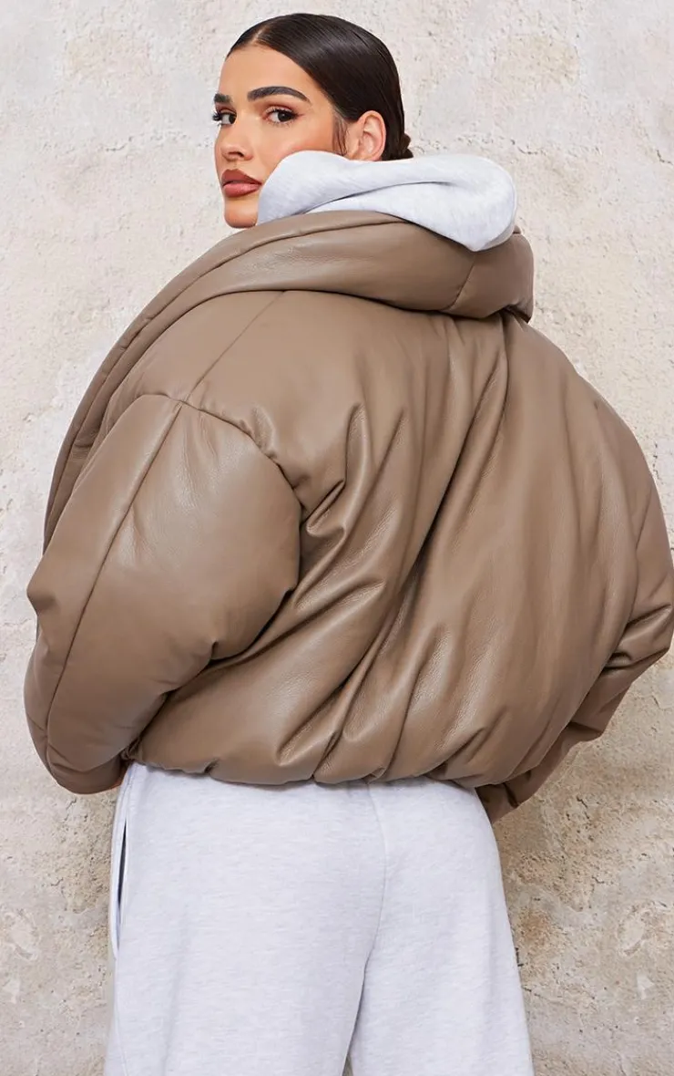 PrettyLittleThing Puffer Jackets*Exaggerated Collar PU Cropped Puffer Coat