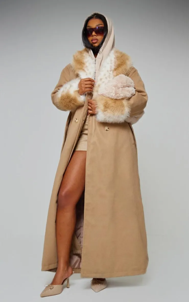 PrettyLittleThing Faux Fur Coats*Faux Fur Trim Contrast Wool Look Maxi Coat