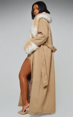 PrettyLittleThing Faux Fur Coats*Faux Fur Trim Contrast Wool Look Maxi Coat