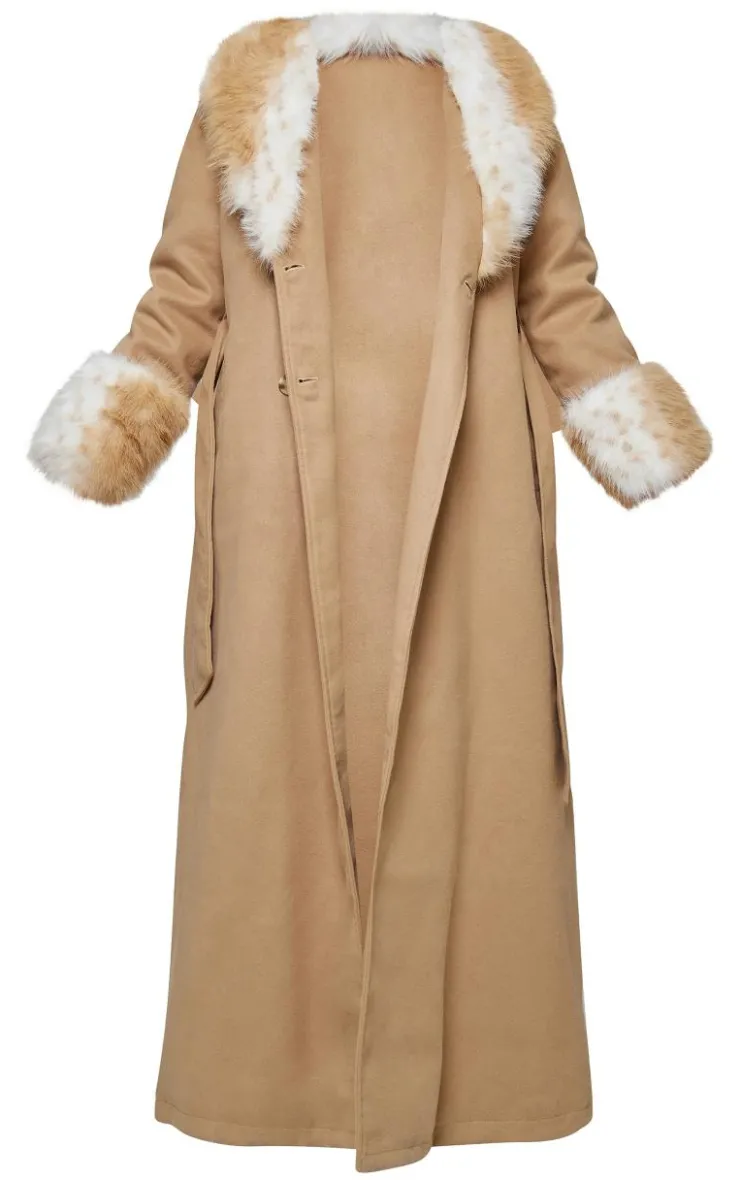 PrettyLittleThing Faux Fur Coats*Faux Fur Trim Contrast Wool Look Maxi Coat