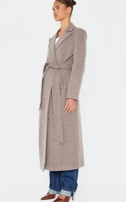 Mushroom Herringbone Self Tie Maxi Coat