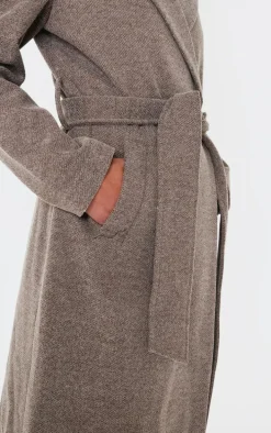 Mushroom Herringbone Self Tie Maxi Coat
