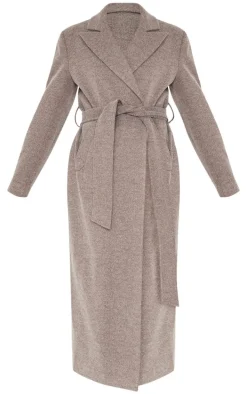 Mushroom Herringbone Self Tie Maxi Coat