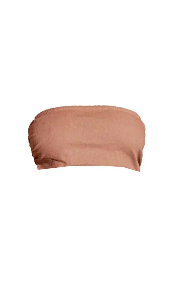 PrettyLittleThing Linen Look Bandeau Crop Top Mushroom