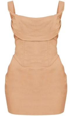 Linen Look Draped Bardot Corset Bodycon Dress-PrettyLittleThing Sale