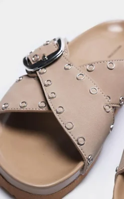 PrettyLittleThing Flat Sandals*Pu Cross Strap Stud Buckle Detail Footbed Sandals