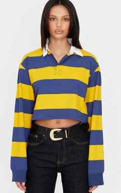 PrettyLittleThing T-Shirts*Chunky Striped Collared Cropped Long Sleeve Top