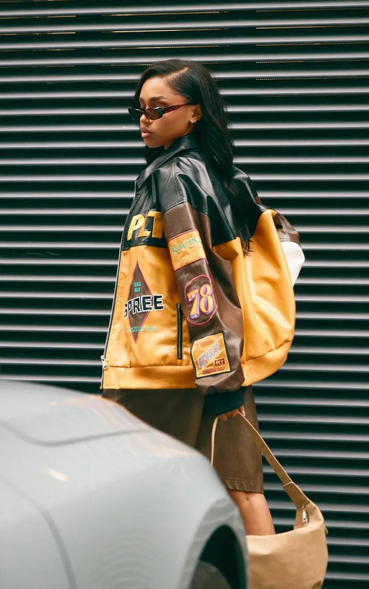 PrettyLittleThing Faux Leather Jackets*Faux Leather Graphics Oversized Racer Jacket