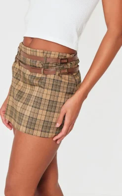 Mustard Plaid Printed Double Belt Tailored Low Rise Mini Skirt
