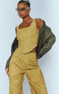 Mustard Washed Faux Leather Dart Pocket Straight Leg Pants