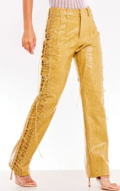 Mustard Washed Faux Leather Lace Up Straight Leg Pant