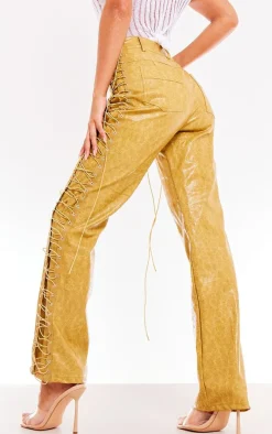 Mustard Washed Faux Leather Lace Up Straight Leg Pant