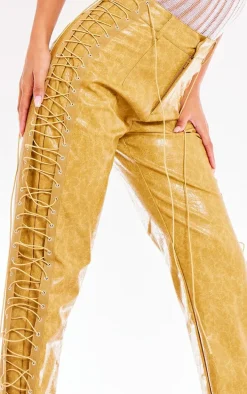 Mustard Washed Faux Leather Lace Up Straight Leg Pant