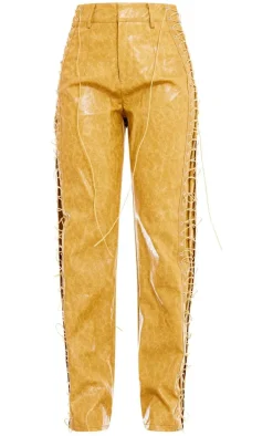 Mustard Washed Faux Leather Lace Up Straight Leg Pant