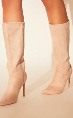 PrettyLittleThing High Heels*Faux Suede Point Toe Stiletto Heeled Calf High Boots