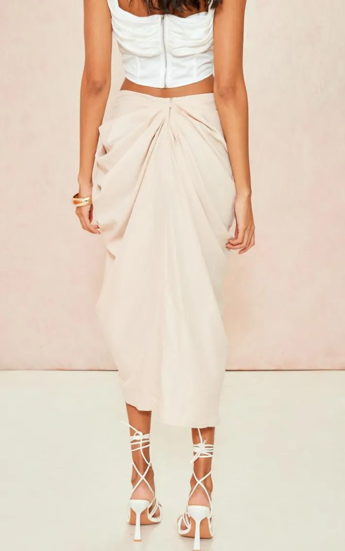 Natural Floral Print Ruched Side Midi Skirt