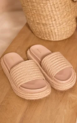 PrettyLittleThing Slides*Pu Round Toe Raffia Strap Platform Slider Sandals
