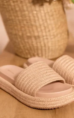 PrettyLittleThing Slides*Pu Round Toe Raffia Strap Platform Slider Sandals