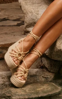 PrettyLittleThing Espadrilles*PU Round Toe Raffia Espadrille Lace Up High Heeled Wedges