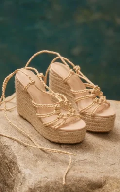 PrettyLittleThing Espadrilles*PU Round Toe Raffia Espadrille Lace Up High Heeled Wedges