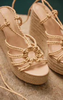 PrettyLittleThing Espadrilles*PU Round Toe Raffia Espadrille Lace Up High Heeled Wedges