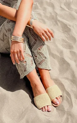 PrettyLittleThing Flat Sandals*Pu Square Toe Raffia Strap Flat Sandals